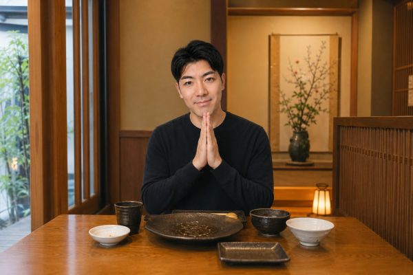 食後に満足そうな笑顔を見せる男性