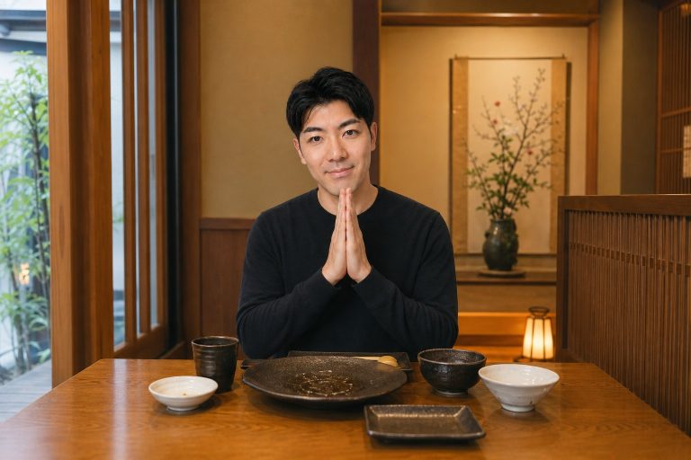 食後に満足そうな笑顔を見せる男性