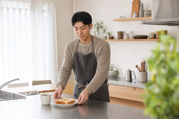 キッチンでトーストの朝食をとる男性