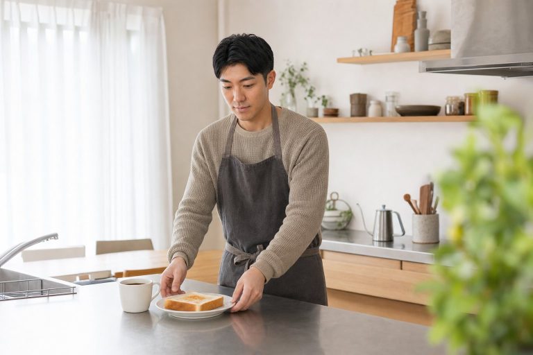 キッチンでトーストの朝食をとる男性