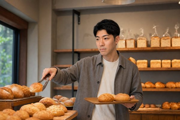 ベーカリーでパンを選ぶ男性