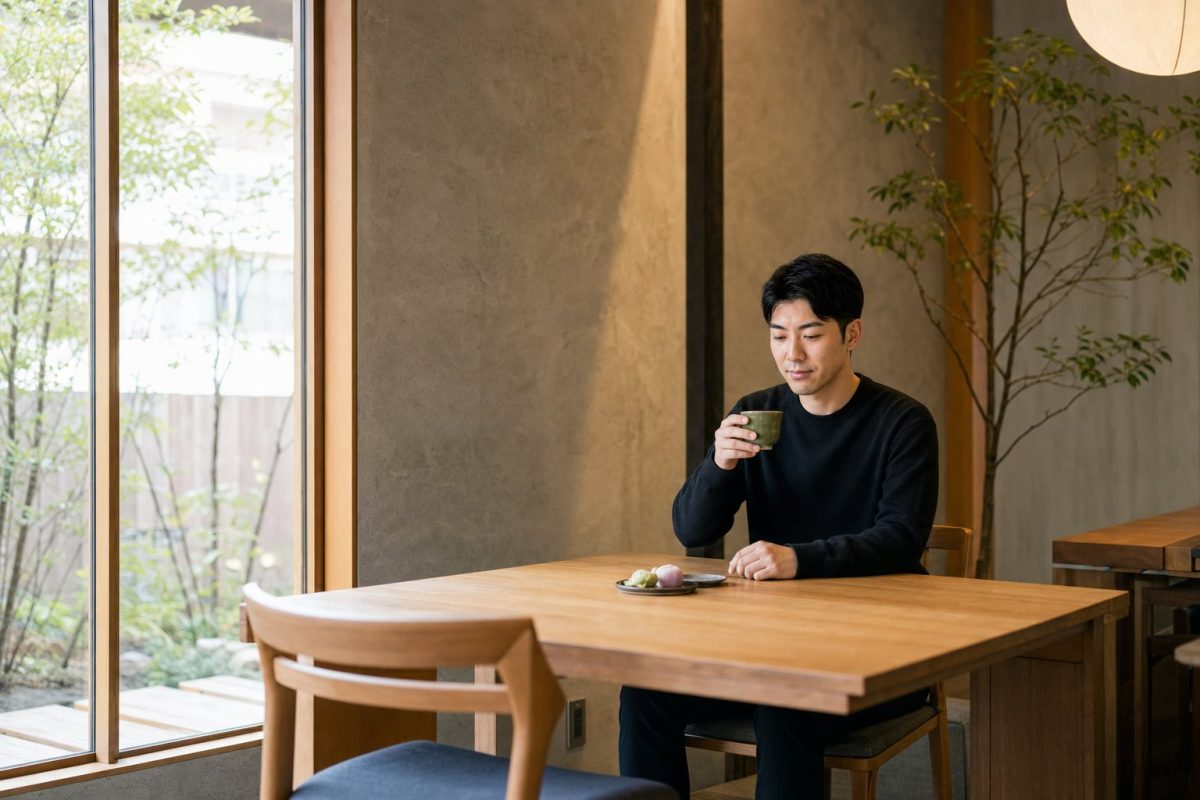 緑茶と和菓子を楽しむ男性
