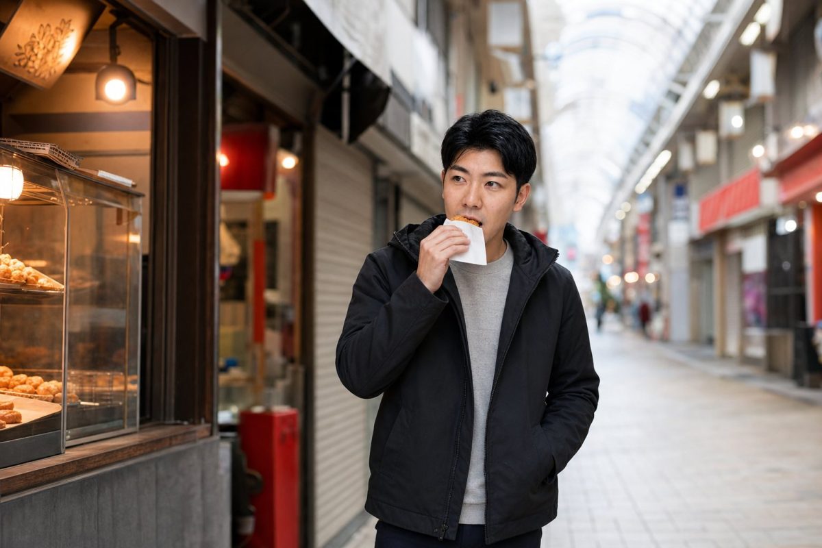 商店街で買い食いする男性
