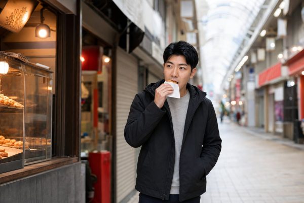 商店街で買い食いする男性
