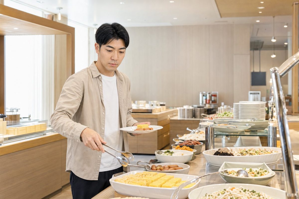 朝食ビュッフェで料理を取る男性