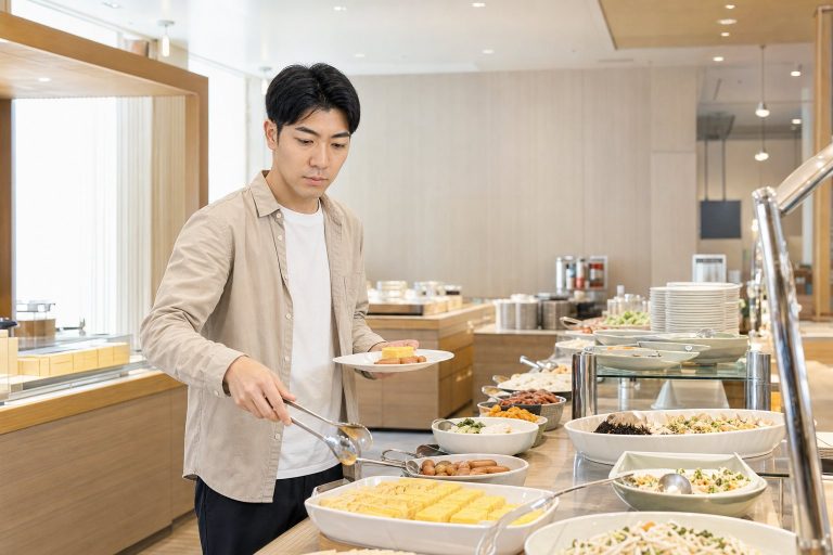 朝食ビュッフェで料理を取る男性
