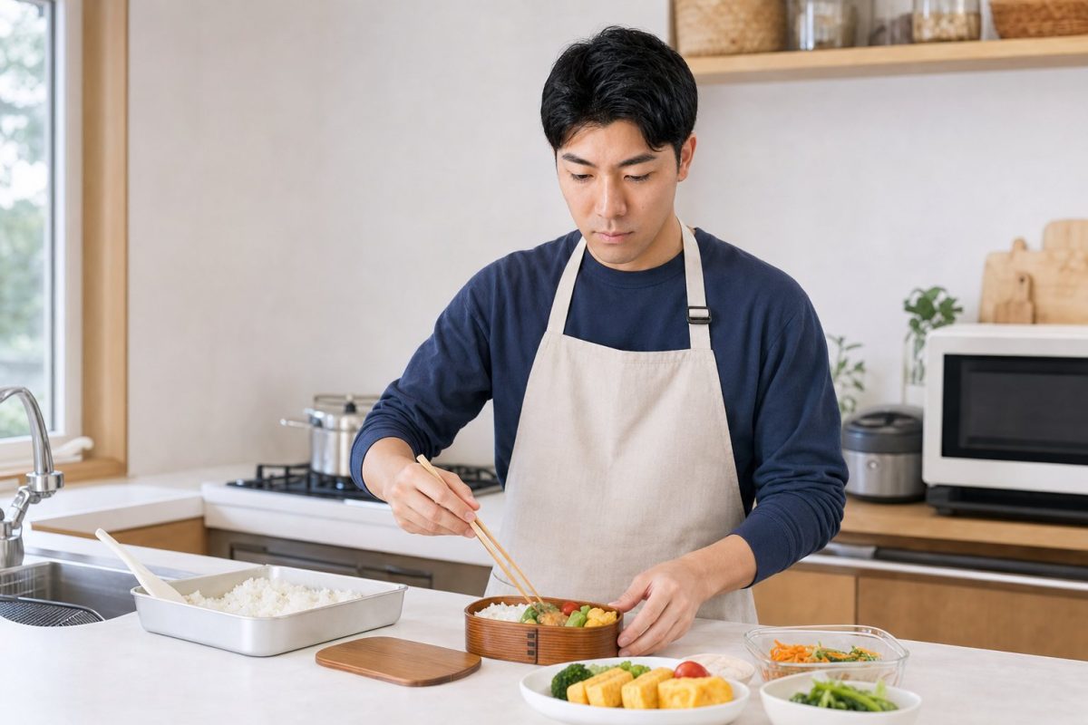 自宅でお弁当を詰める男性