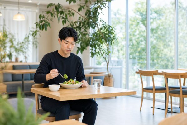 カフェでサラダランチをとる男性