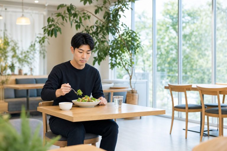 カフェでサラダランチをとる男性