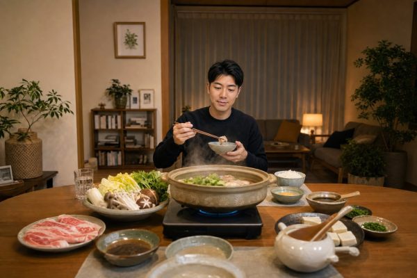 自宅で鍋料理を楽しむ男性