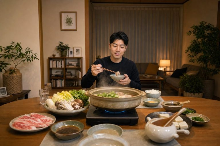 自宅で鍋料理を楽しむ男性