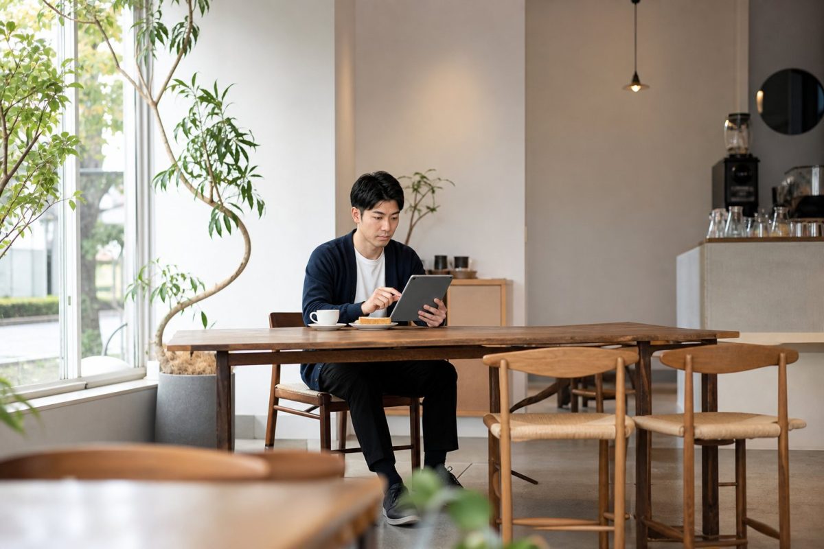 カフェのモーニングでトーストを食べる男性