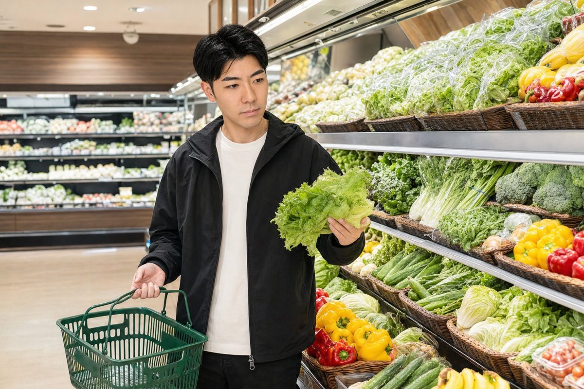 スーパーで野菜を選ぶ男性