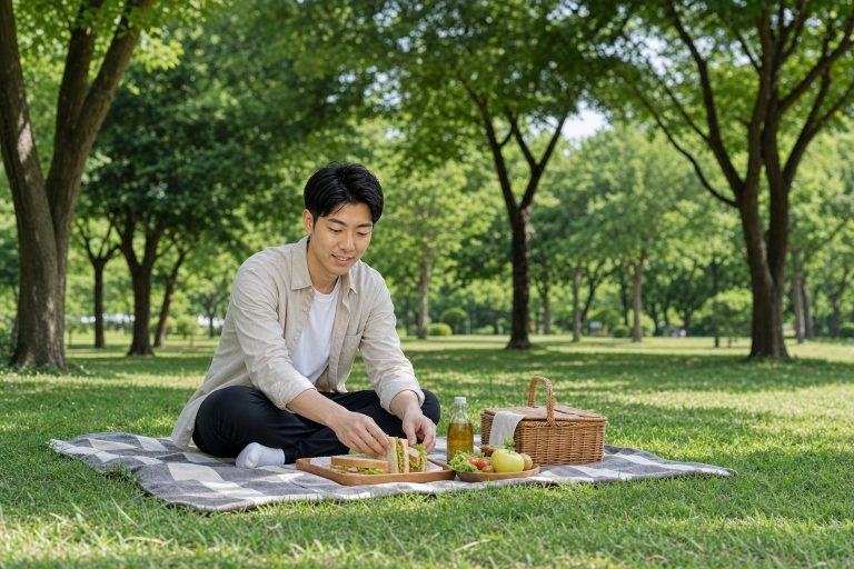 公園でサンドイッチを食べる男性