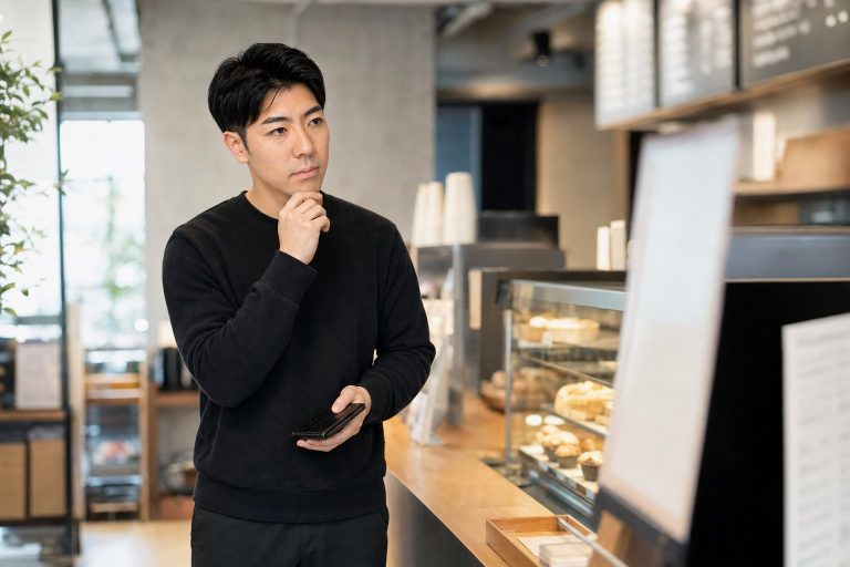 カフェのカウンターで注文を考える男性