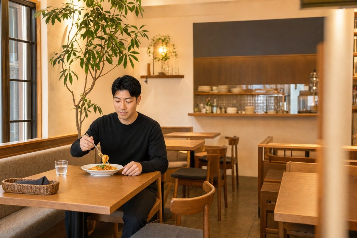 レストランでパスタを食べる男性