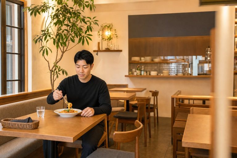 レストランでパスタを食べる男性