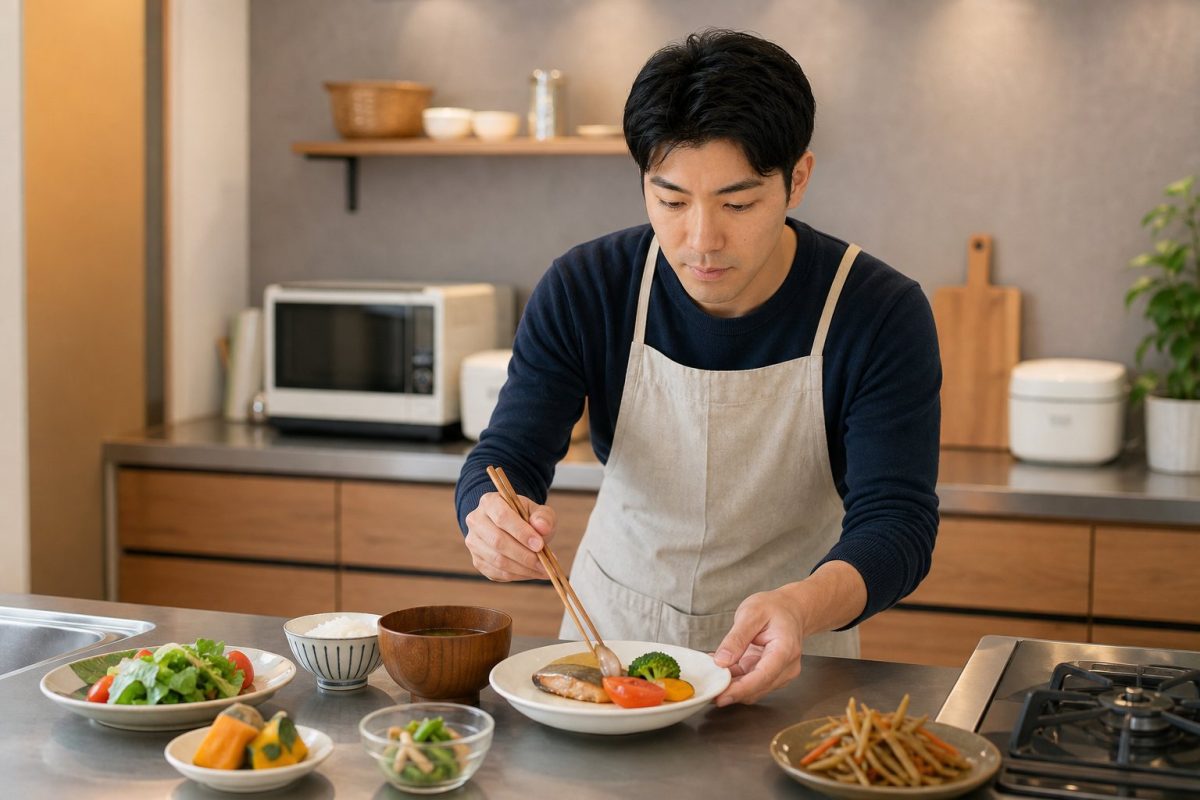 栄養バランスの良い夕食を盛り付ける男性