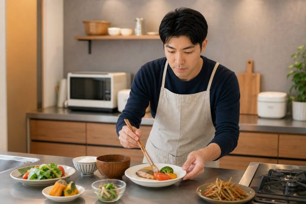 栄養バランスの良い夕食を盛り付ける男性