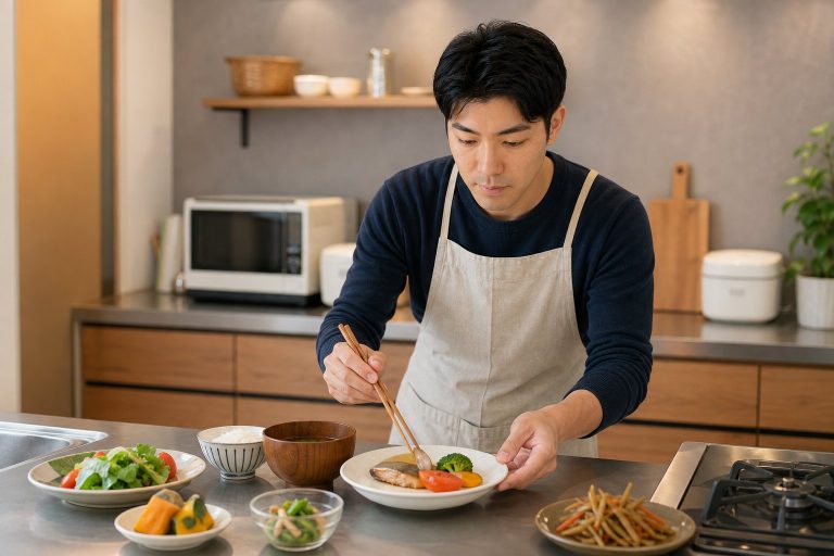 栄養バランスの良い夕食を盛り付ける男性