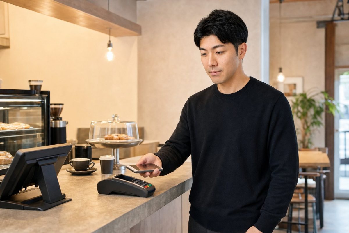 カフェのレジでスマホ決済する男性