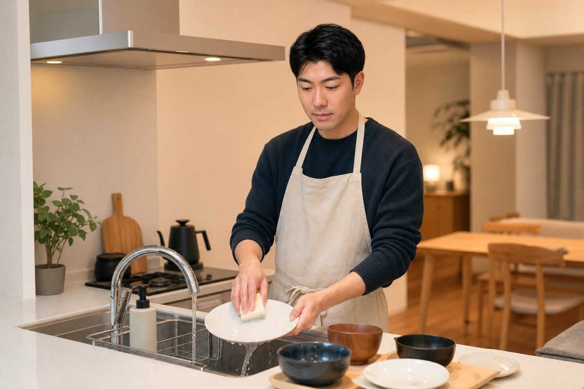 食後の食器を片付ける男性