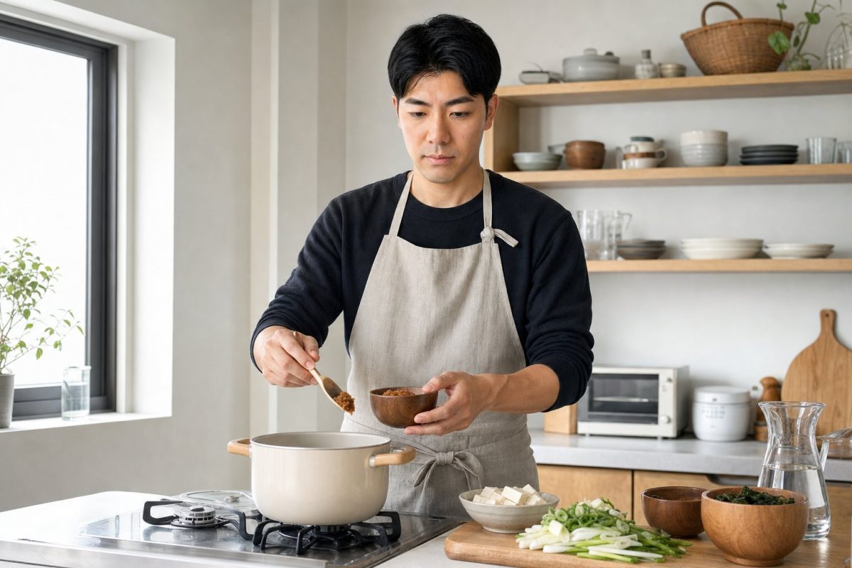 味噌汁を作る男性