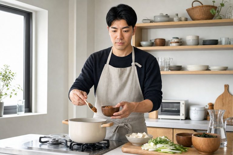 味噌汁を作る男性