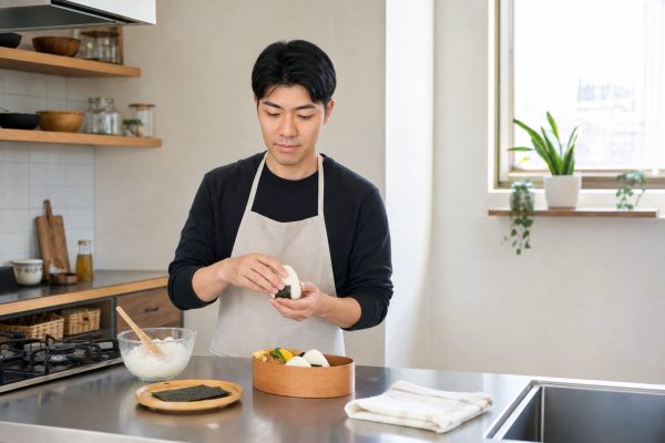 おにぎりを握る男性
