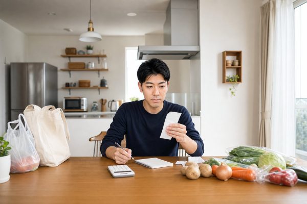 レシートを見ながら献立を考える男性