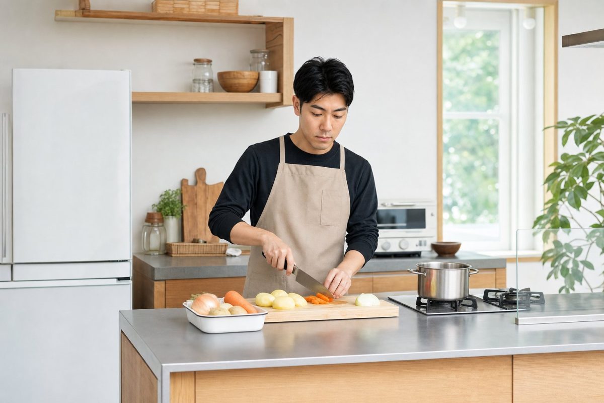 カレーの野菜を切る男性