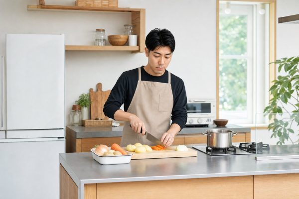 カレーの野菜を切る男性