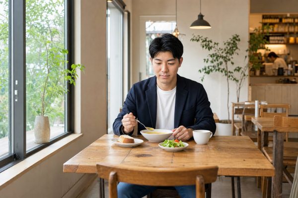 カフェでスープランチをとる男性