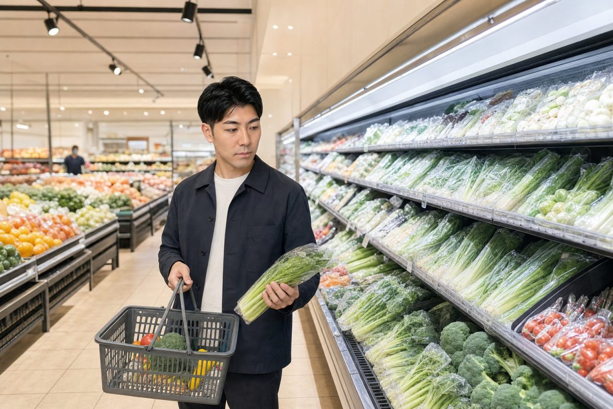 スーパーで生鮮食品を選ぶ男性