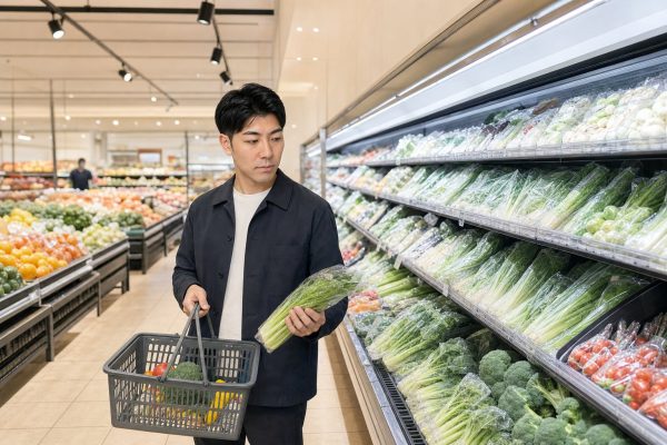 スーパーで生鮮食品を選ぶ男性