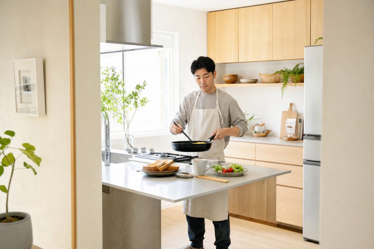 フライパンで朝食を作る男性