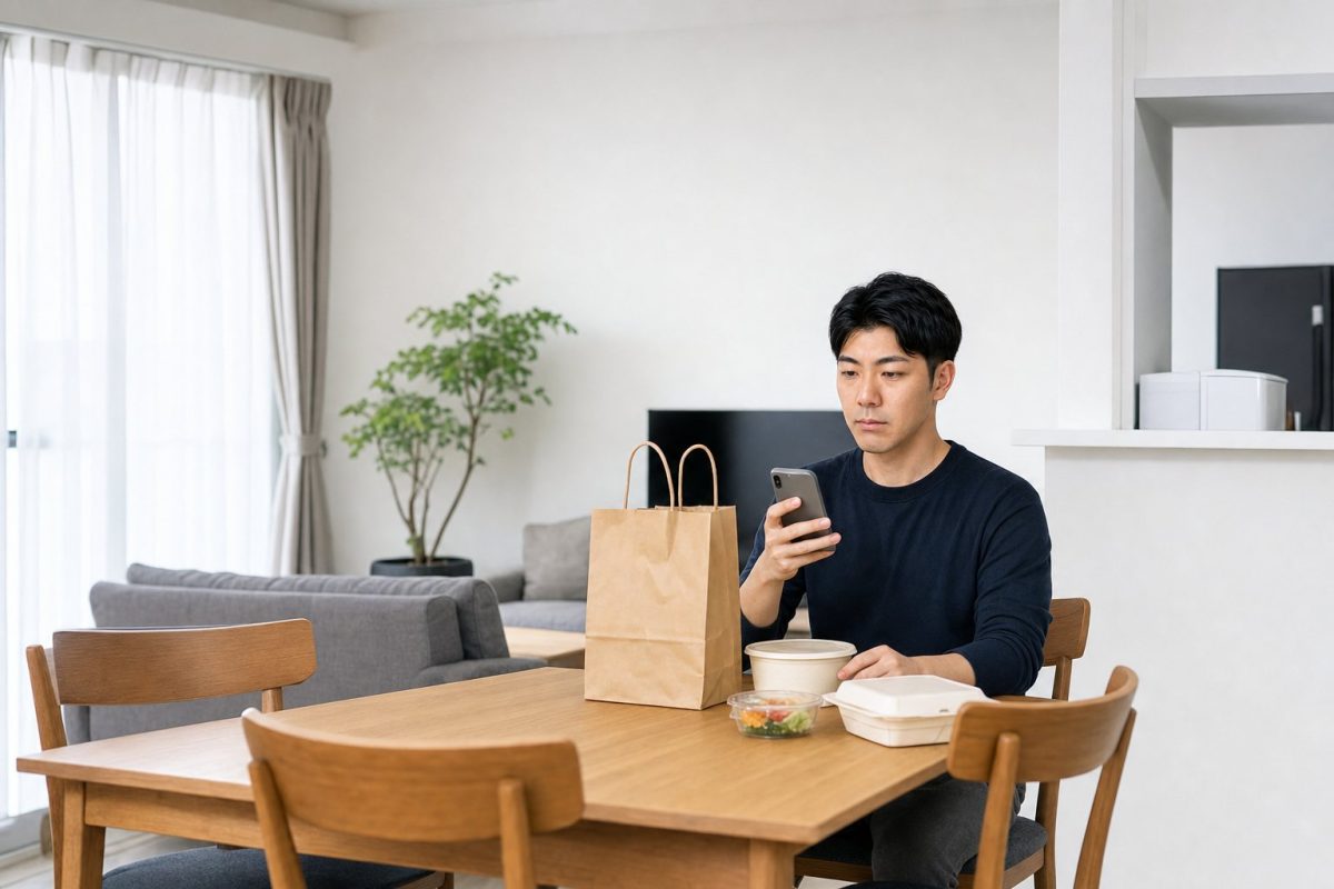 スマホでフードデリバリーを注文する男性
