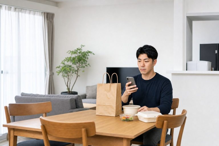 スマホでフードデリバリーを注文する男性