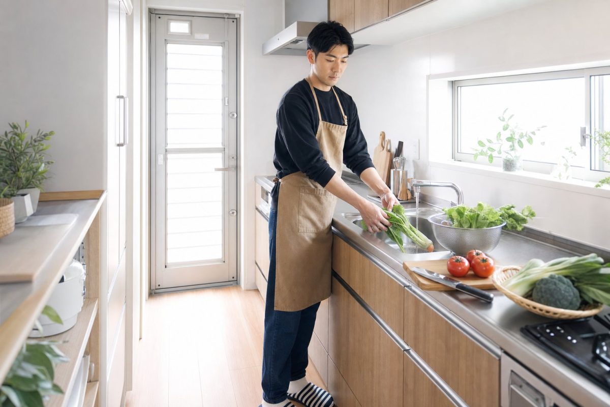 キッチンで野菜を洗う男性