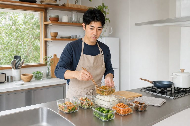 作り置きおかずを容器に詰める男性