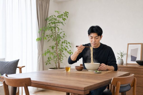 自宅で麺類の昼食をとる男性