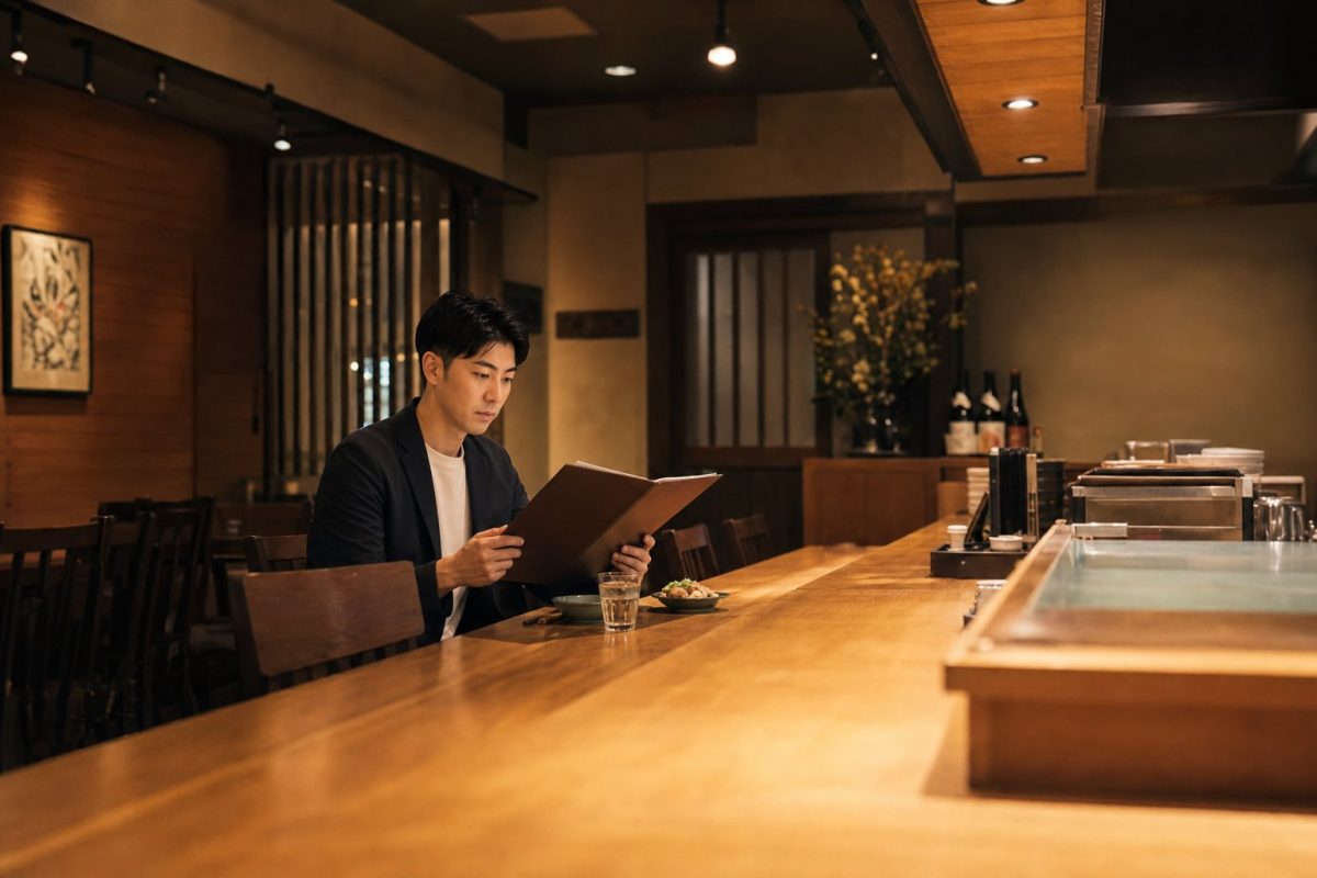 居酒屋でメニューを選ぶ男性