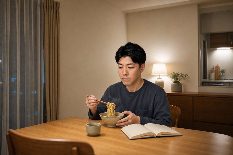 深夜に夜食の麺をすする男性