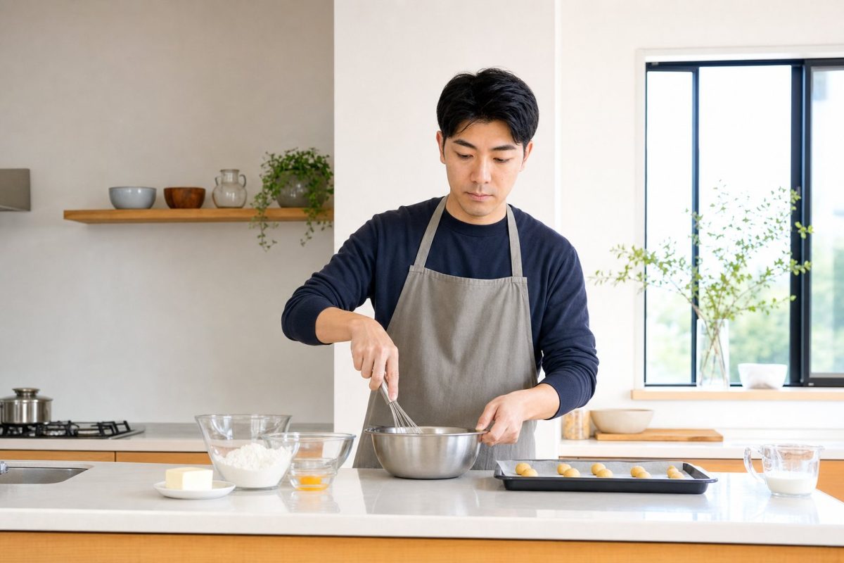 自宅でお菓子作りの準備をする男性