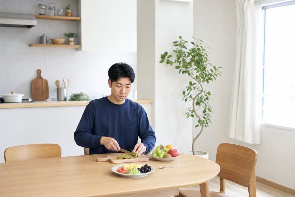 旬のフルーツを切り分ける男性