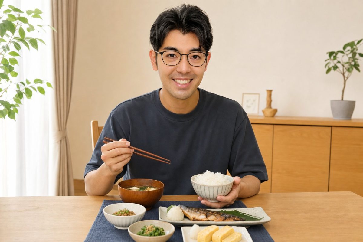 和朝食を味わう男性