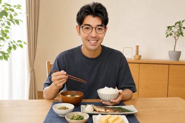和朝食を味わう男性