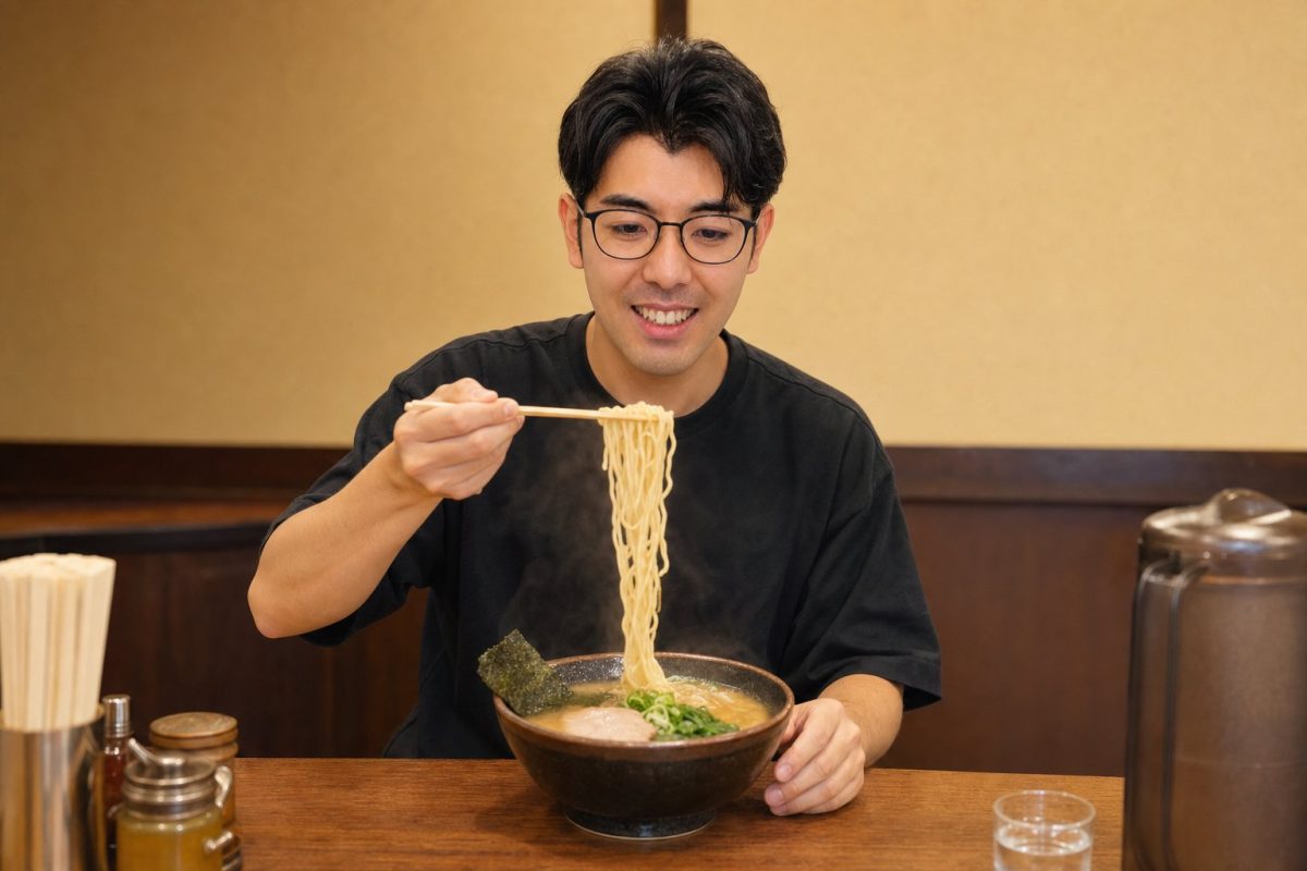 ラーメンを豪快にすする男性