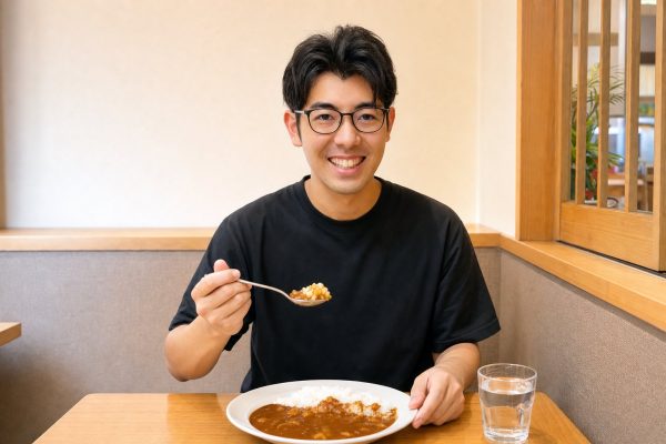 カレーライスを頬張る男性