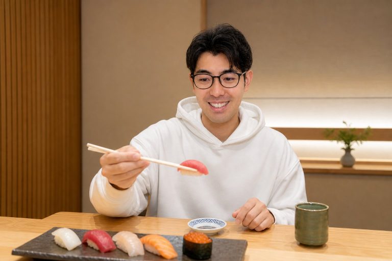 寿司を楽しむ男性